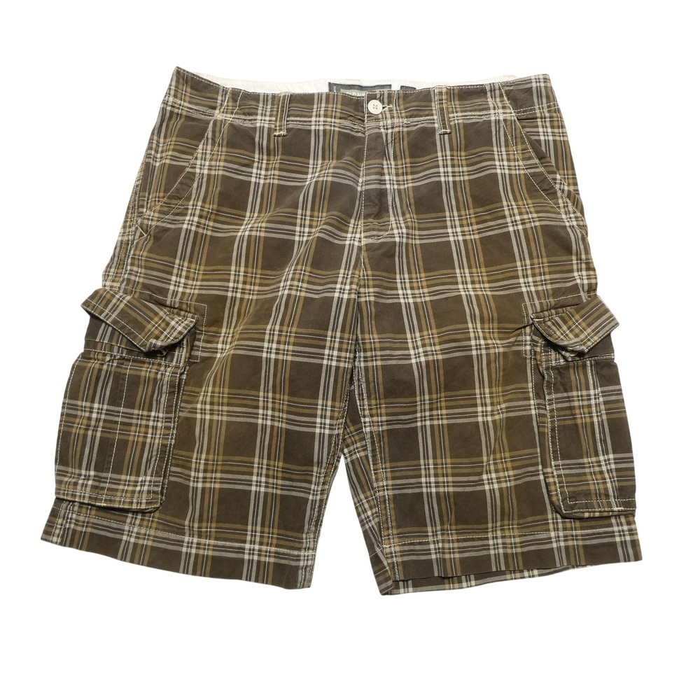 Old Navy Cargo Shorts Mens 34 Brown Plaid Cotton Canvas Multi Pocket 12 Inseam